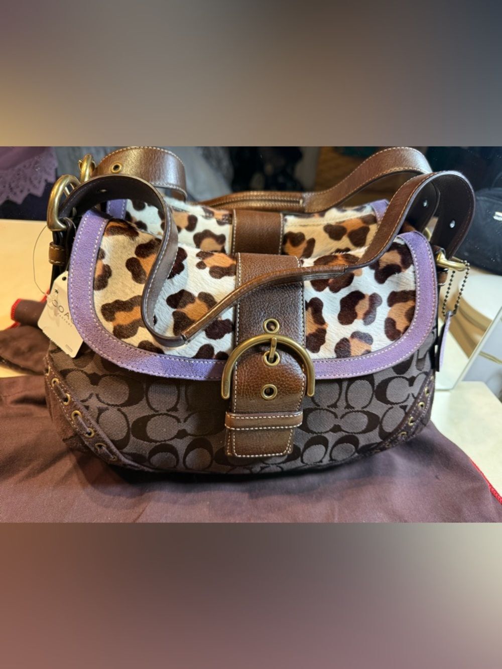 COACH NWT Extremely Rare Vintage Soho Leopard Calf Hair&Brown Signature Handbag - Picture 3 of 15